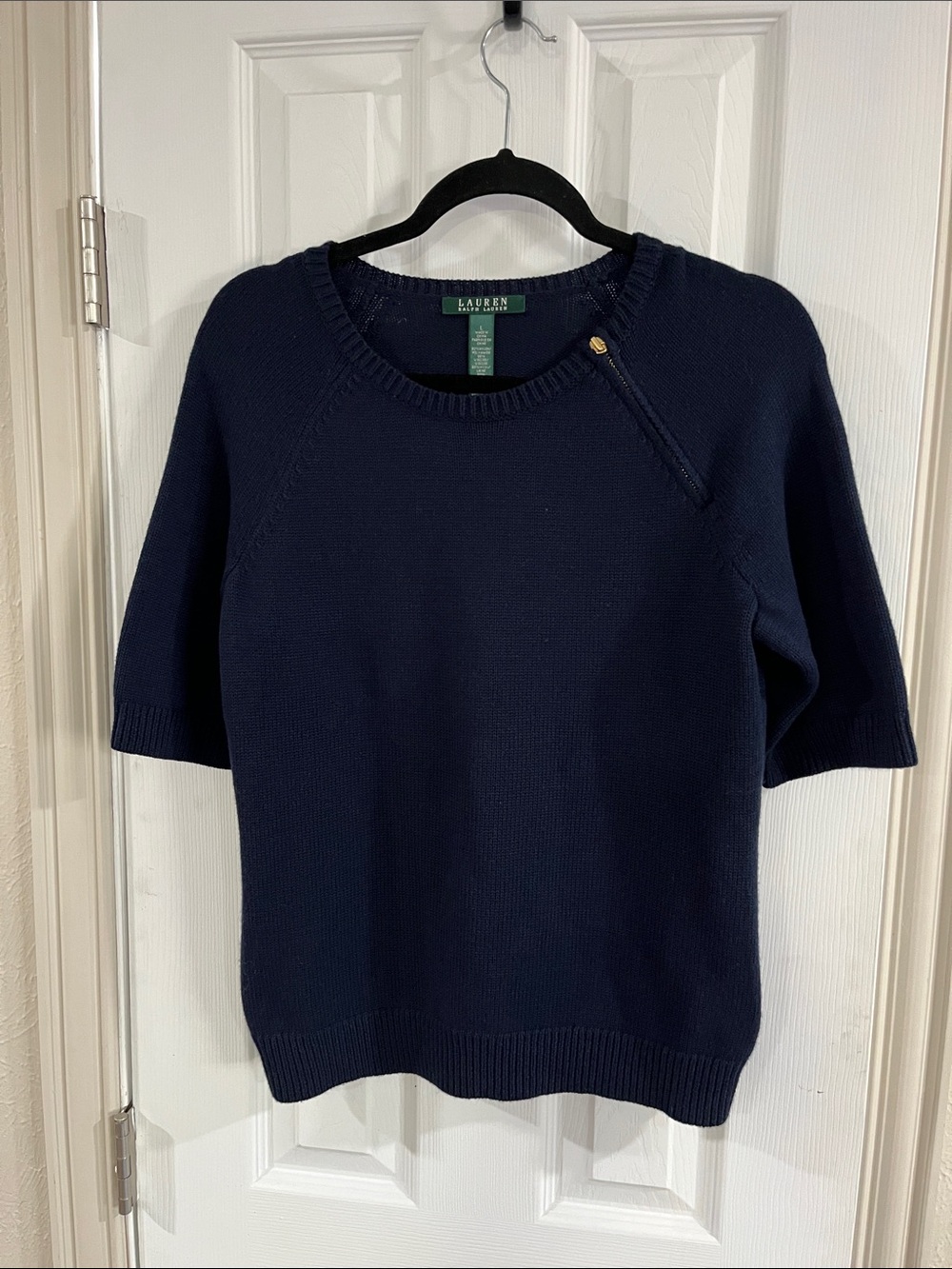 Lauren Ralph Lauren short-sleeve sweater  navy blue knit Top Size Medium